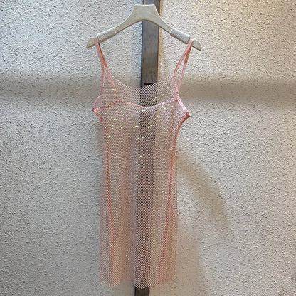 2024Spring and Summer Sparkling Bright Diamond Glitter Halter Dress Hollow Out See-through Celebrity Sexy Backless Halter Dress