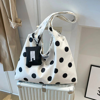 Nylon Dots Zipper Large Capacity Casual Tote Bag 2026 New Korean Style Versatile Bags Sweet Daily Commute Fashion Shoulder Bags