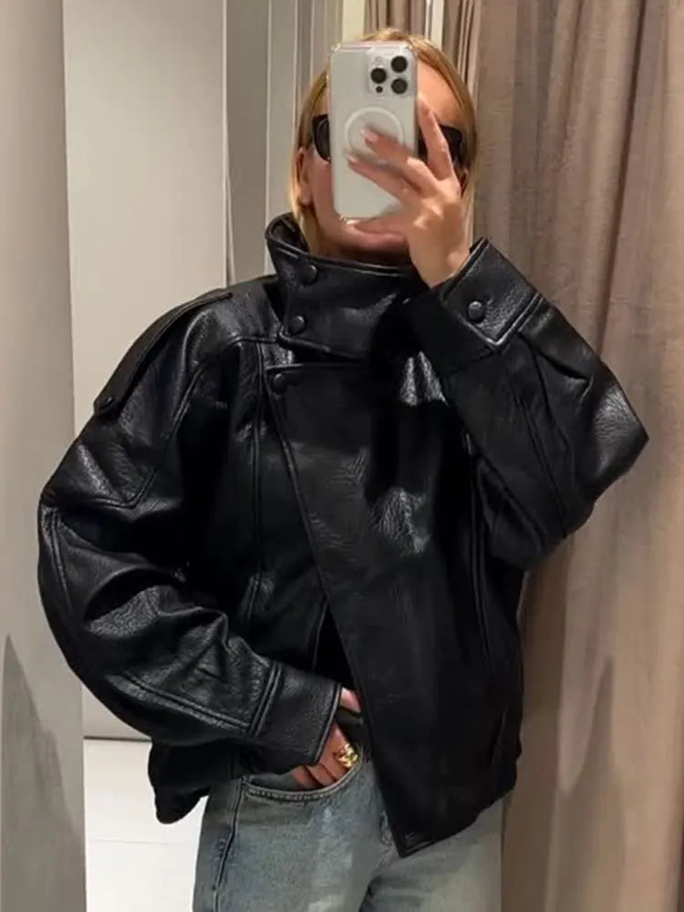 HH Street Fashion Asymmetric Leather Jacket For Women Long Sleeves Zipper With Pockets Turtleneck Autumn Retro Loose Coats