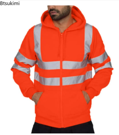 New Men's Reflective Strip Hoodie Jackets Spring Autumn Zipper Long Sleeve Fleece Sweatshirts High Visibility Night Work Jackets
