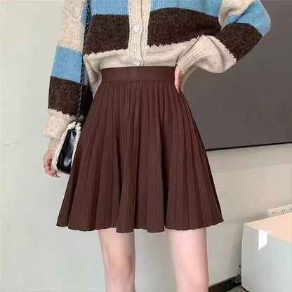 Women's Autumn Elegant A-Line Knitted Mini Skirt High Waist Pleated Skirt Femme Faldas Jupe Saia