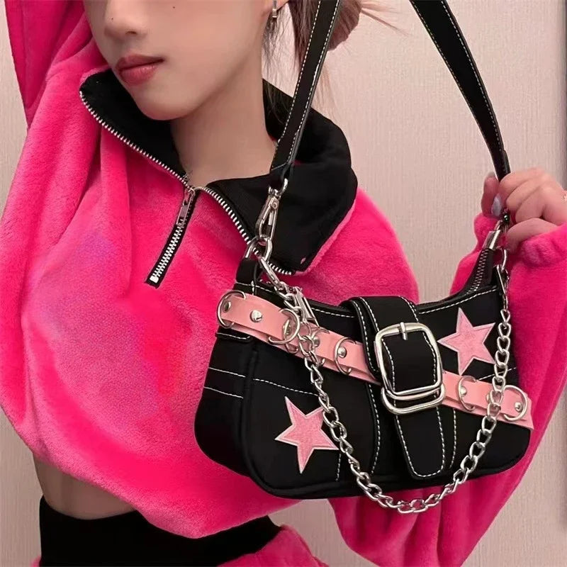 Y2k Fashion Women's Handbags Stars Pattern Cool Girls Underarm Bag Fashion Canvas Female Small Shoulder Bags Chain Tote Purses