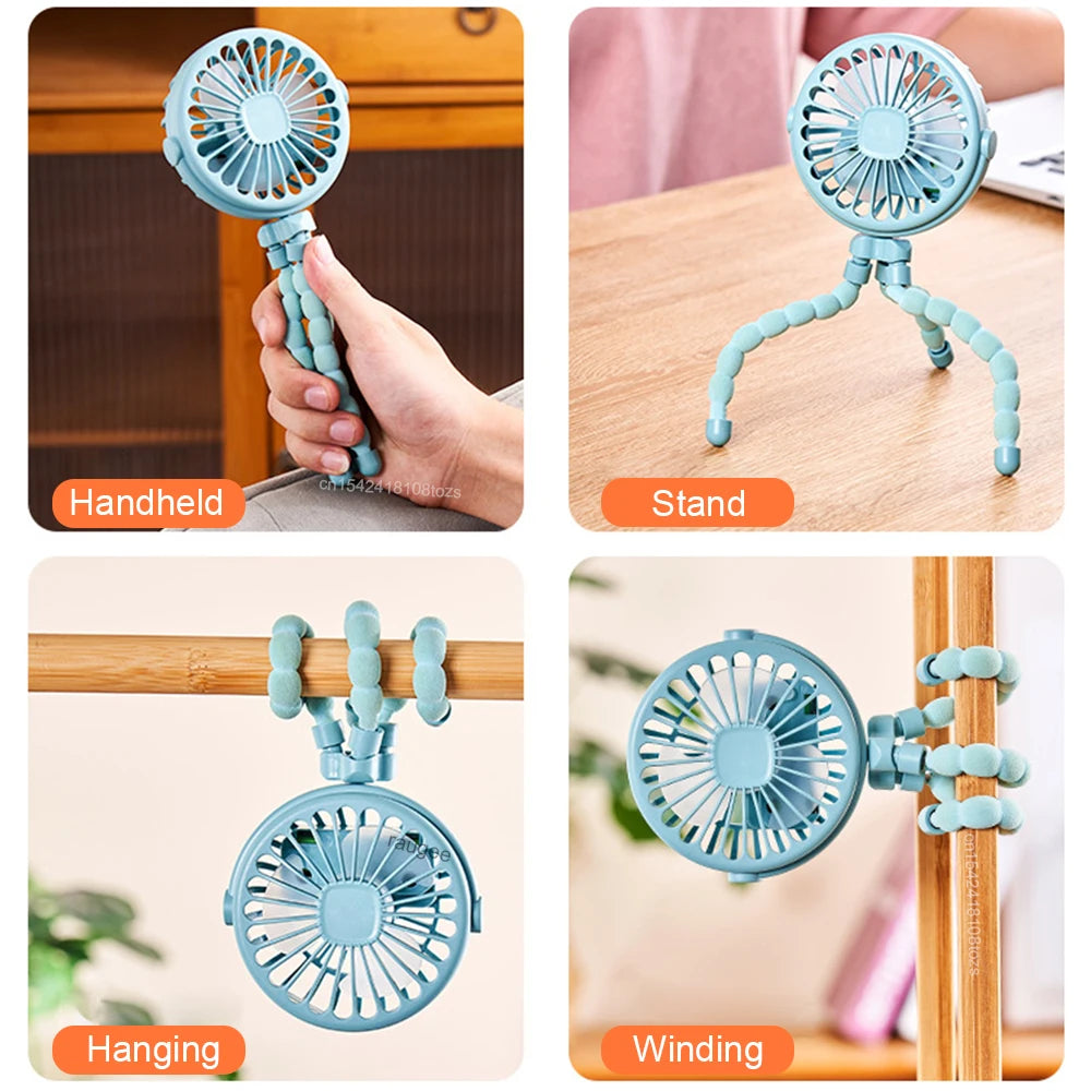 Portable Clip Fan Mini Stroller Fan USB Rechargeable Baby Stroller Octopus Fan 360° Rotate Outdoor Tripod Fan Small Clip Fan
