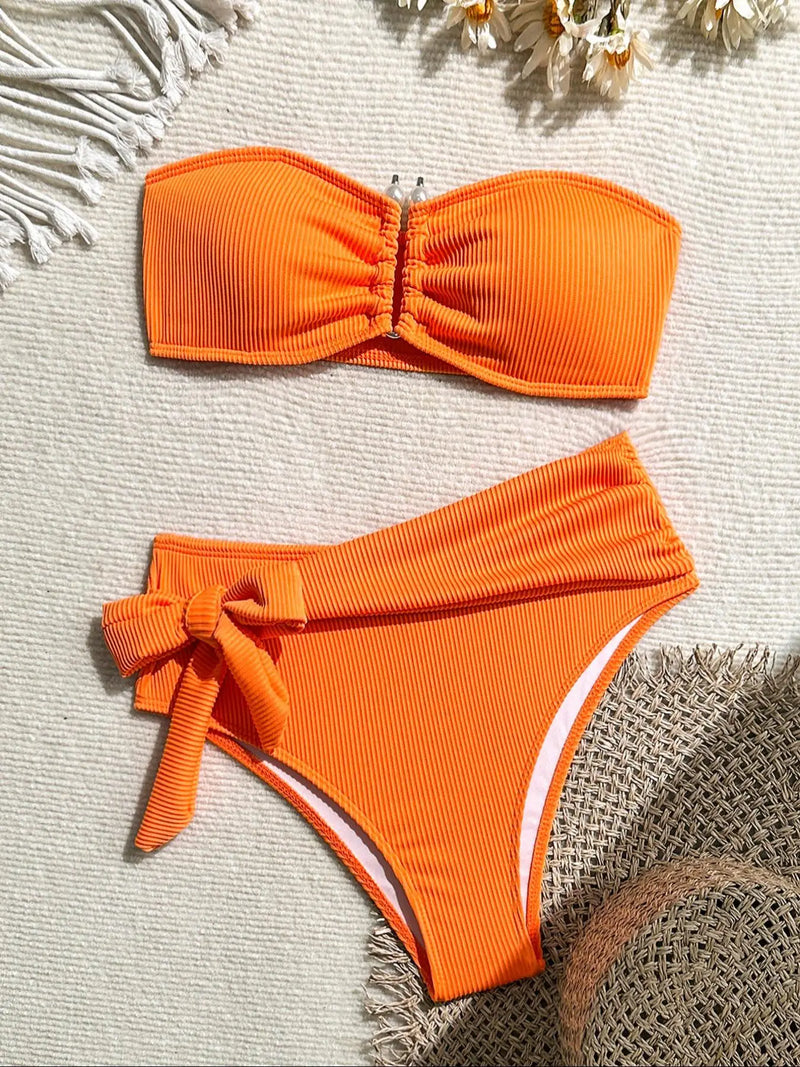Sexy Orange Bikini 2025 Women Bandeau Metal U Wire Push Up Belt High Waist Swimsuit Beach Bathing Suit Holiday Swimwear Biquini