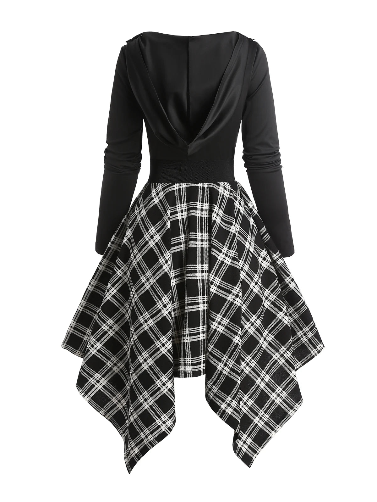 Dressfo Women's Gothic Plaid Hoodie Dresses Panel Asymmetric Hooded Dress Cowl Neck Long Sleeve Belted Dress