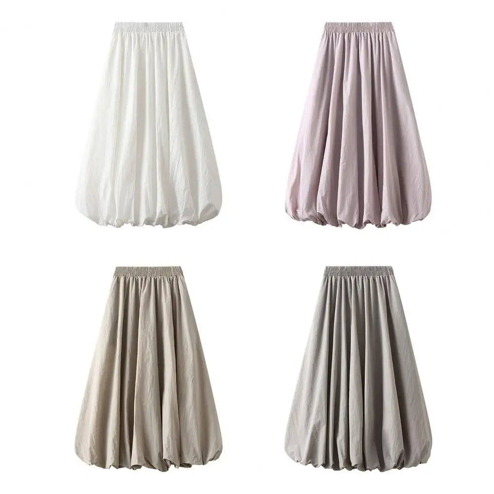 Elasticated Waist Skirt Elastic High Waist Bubble Maxi Skirt with Ankle-length Lantern Design Solid Color A-line for Spring