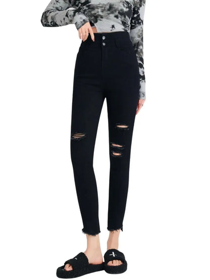 Women Button Fly Jeans Black High Waisted Ripped Jean Stretchy Thicken Denim Dress Pants Distressed Jeans Casual Style ouc046