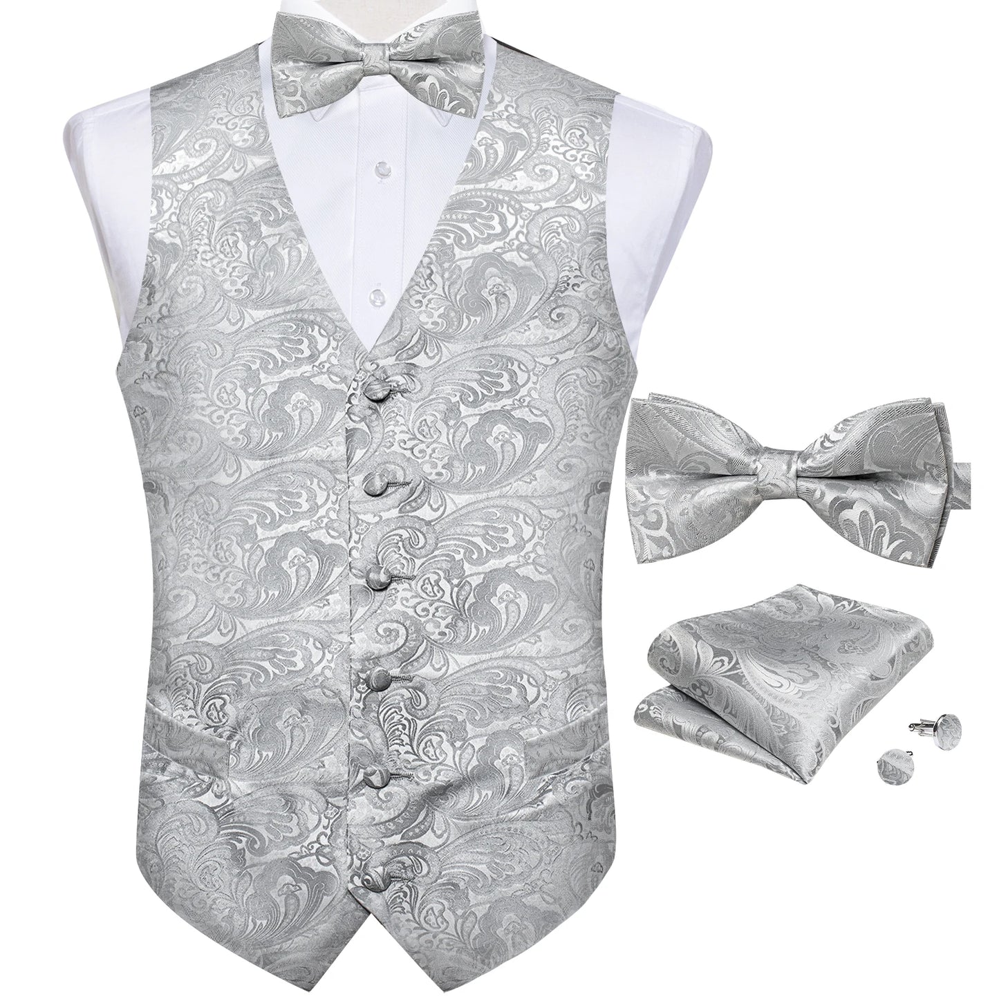 Men's Suit Vest Black Paisley Solid Red Grey Wedding Prom Luxury Waistcoat with Bow Tie Handkerchief Cufflinks Men Clothing