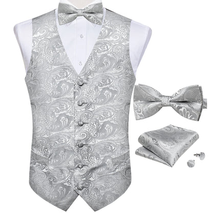 Men's Suit Vest Black Paisley Solid Red Grey Wedding Prom Luxury Waistcoat with Bow Tie Handkerchief Cufflinks Men Clothing