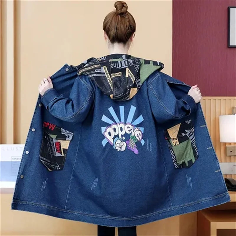 2025 Spring Autumn Denim Jacket Women Hooded Windbreaker Cartoon Printed Coat Long Outerwear Female Oversize 5XL Loose Overcoat