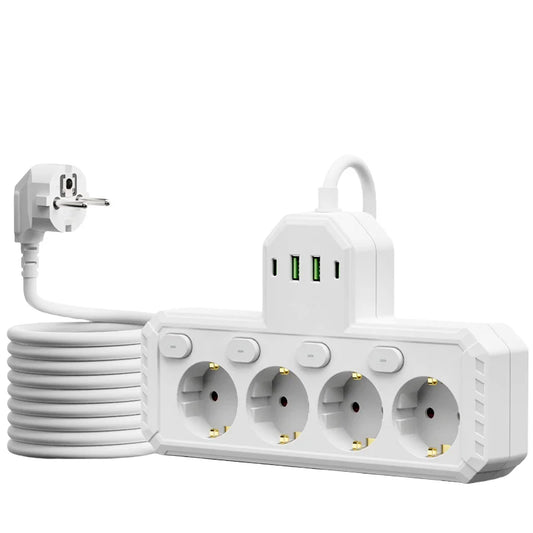 EU Plug Power Strip with Individual Switches 4 AC Outlets 2 USB-A 2 Type-C Ports Extension Cord Surge Protection Electrical