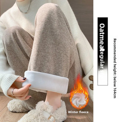 2025Hot Fleece Woman Pants Winter Elastic Waist Warm Leggings Solid Casual Thicken High Waist Straight Comfort Wide Leg Trousers