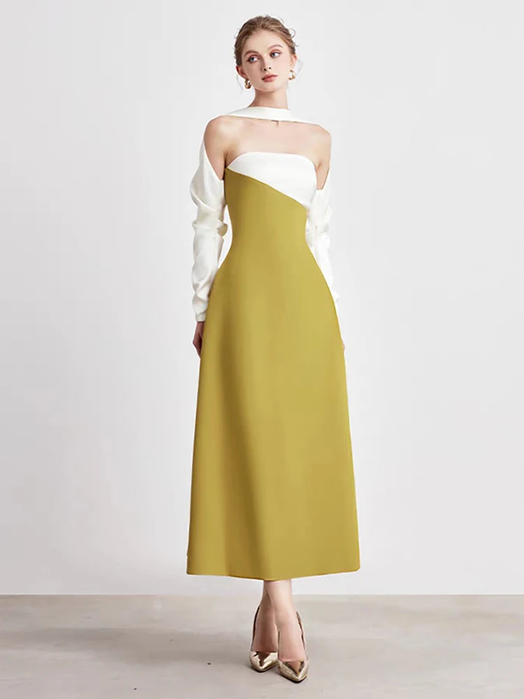 DEAT Elegant Dress Strapless Off Shoulder Contrast Color Asymmetric Women's Party Halter Dress 2026 Spring New Fashion 13DB4516