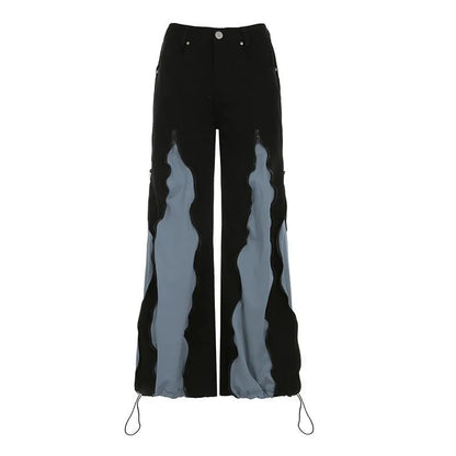 American Y2K Street Color Stitching Washed Jeans Female Y2K Harajuku Hip Hop Popular Baggy Slim Spice Girl Wide-leg Mop Pants