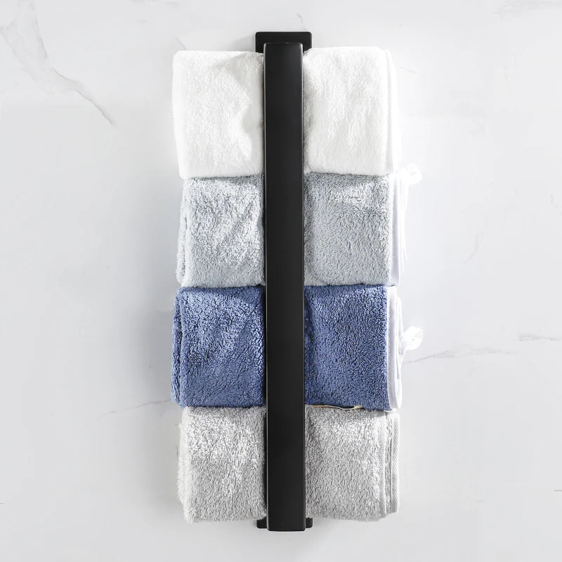 Black Stainless Steel Towel Holder No Drill Wall Shower Towel Shelf Kitchen Towel Hanger Rail Bathroom Towel Rack Self Adhesive