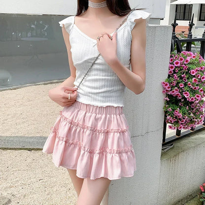 Elegant pink mini dress new summer thin style French ballet design cake skirt lace edge WOMEN'S JK skirt