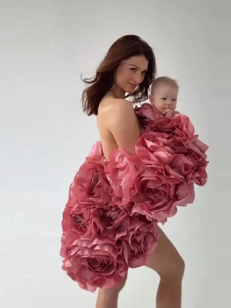 Amazing Rose Pink Handmade Flower Jacket Bicep Cape Maternity Women Jacket For Photoshoots Female Outerwear Coat