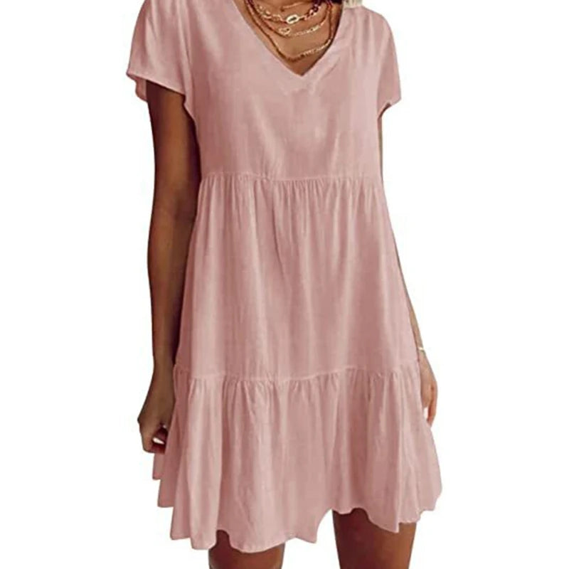 Women Short Sleeve Sexy V-Neck Swing Tunic Mini Dress Solid Color Pleated Ruffle Flowy Hem A-Line Casual Loose  Dropship