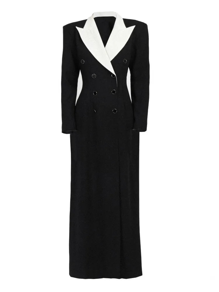 DEAT Fashion  Contract Color Lapel Long Blazer Women's  Double Breasted Retractoin Waist Slim Fit Suit Jacket Spring New 7AB6826