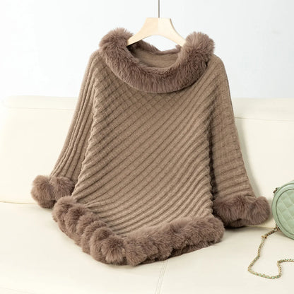 Knitted Cloak Sweater Women Shawl Outwear Warm Hairball Knit Casual Loose Plaid Poncho Cape Coat Spliced Solid Elegant