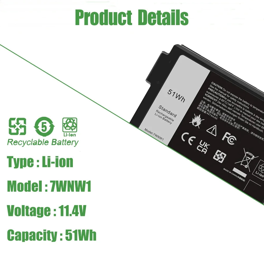 51Wh 7WNW1 Laptop Battery for Dell Latitude 5420 5424 7424 Rugged Extreme P85G P86G P85G001 P86G001 GK3D3 DMF8C
