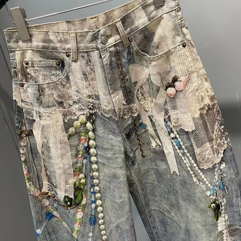 DEAT Fashionable Niche 3D Printed Lace Pearl Chain Denim Pants For Women High Waist Straight Leg Jeans Female Trendy 11A05476