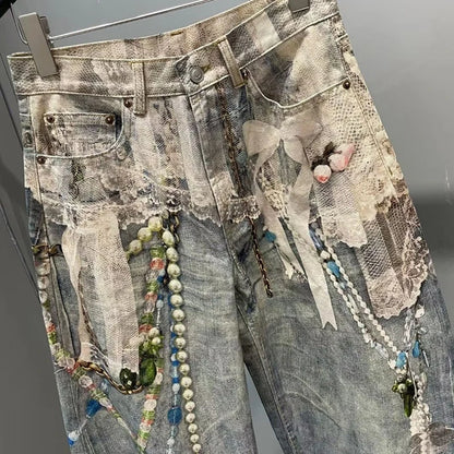 DEAT Fashionable Niche 3D Printed Lace Pearl Chain Denim Pants For Women High Waist Straight Leg Jeans Female Trendy 11A05476
