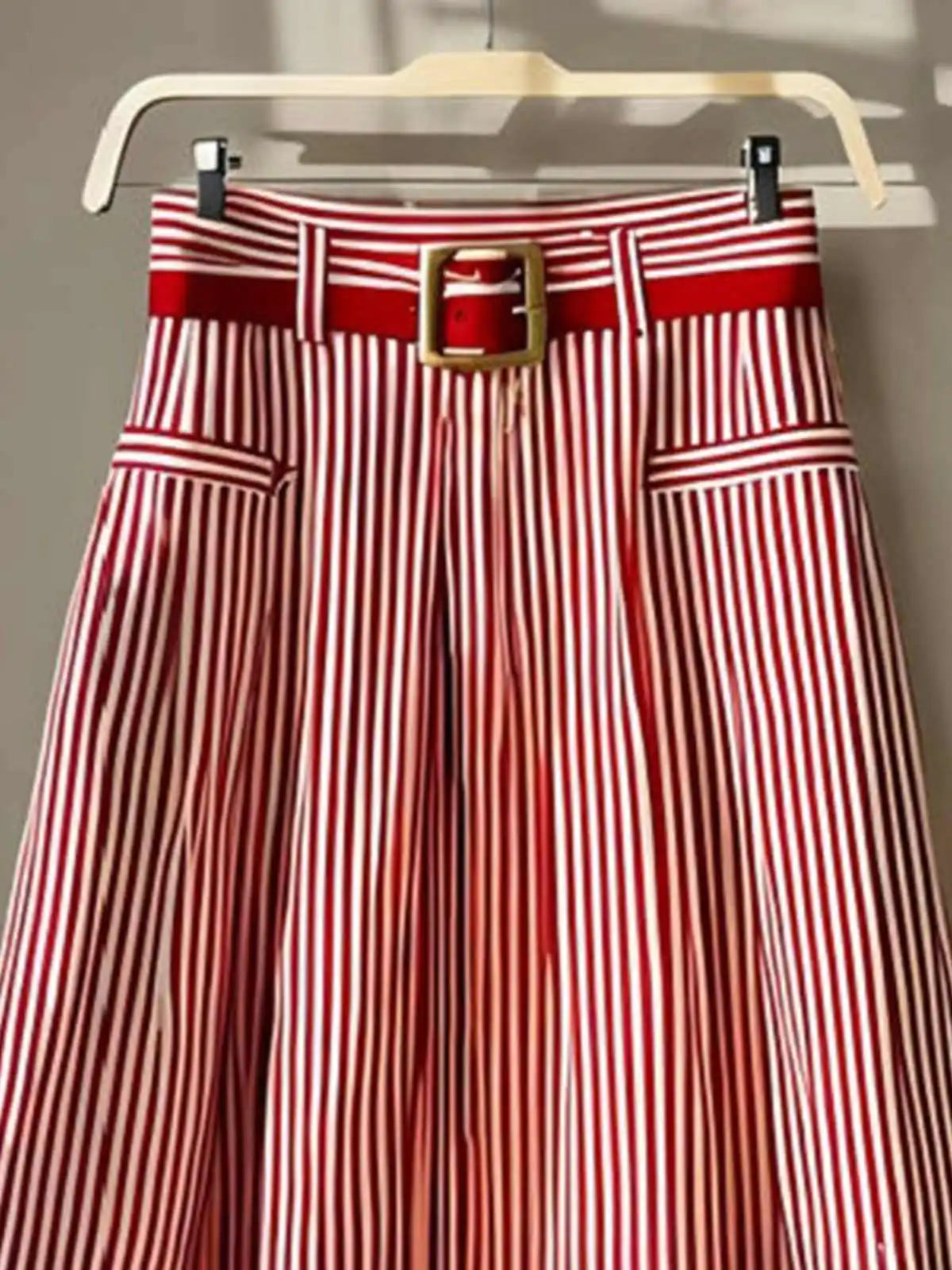 Red Striped Skirt Women Spring Summer High Waist A-Line Skirt Ladies Casual Mid-length Skirt With Belt