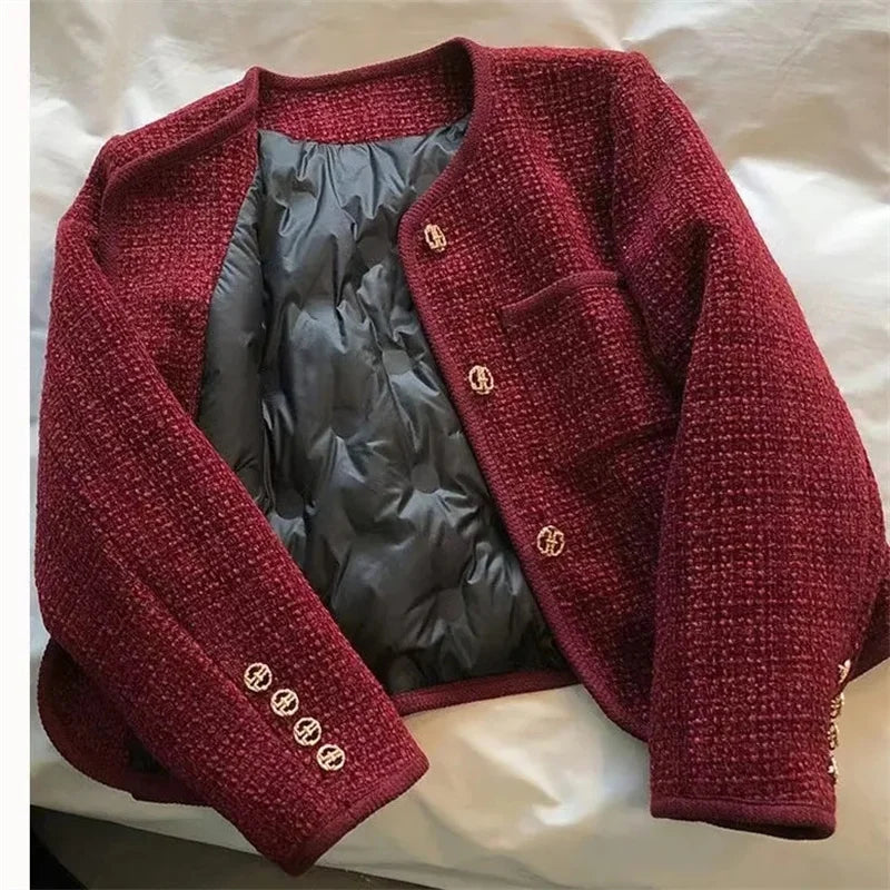 Winter Down Cotton Lined Cropped Jacket Women Korean Fashion Round Neck Tassel Tweed Coat Fashion Single Breasted Warm Outwear