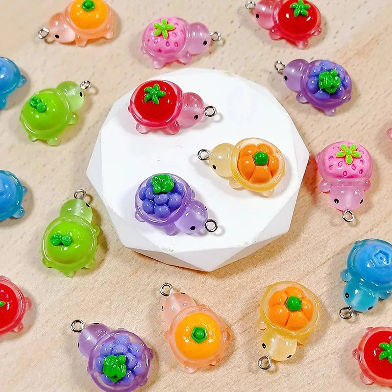 10pcs Luminous Fruit Turtle Resin Charms With Tomatoes Grapes Strawberry Pumpkins Animal Bracelet Pendant DIY Earring Jewelry
