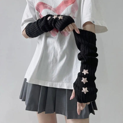 Punk Solid Color Star Knitted Gloves Y2k Gothic Wool Sleeve Cuff Long Hand Sleeve Arm Warmers Winter