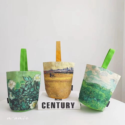 Van Gogh Oil Painting Bucket Bag Literary Portable Handbag Cup Bag Vintage Tote Canvas Bag for Girls