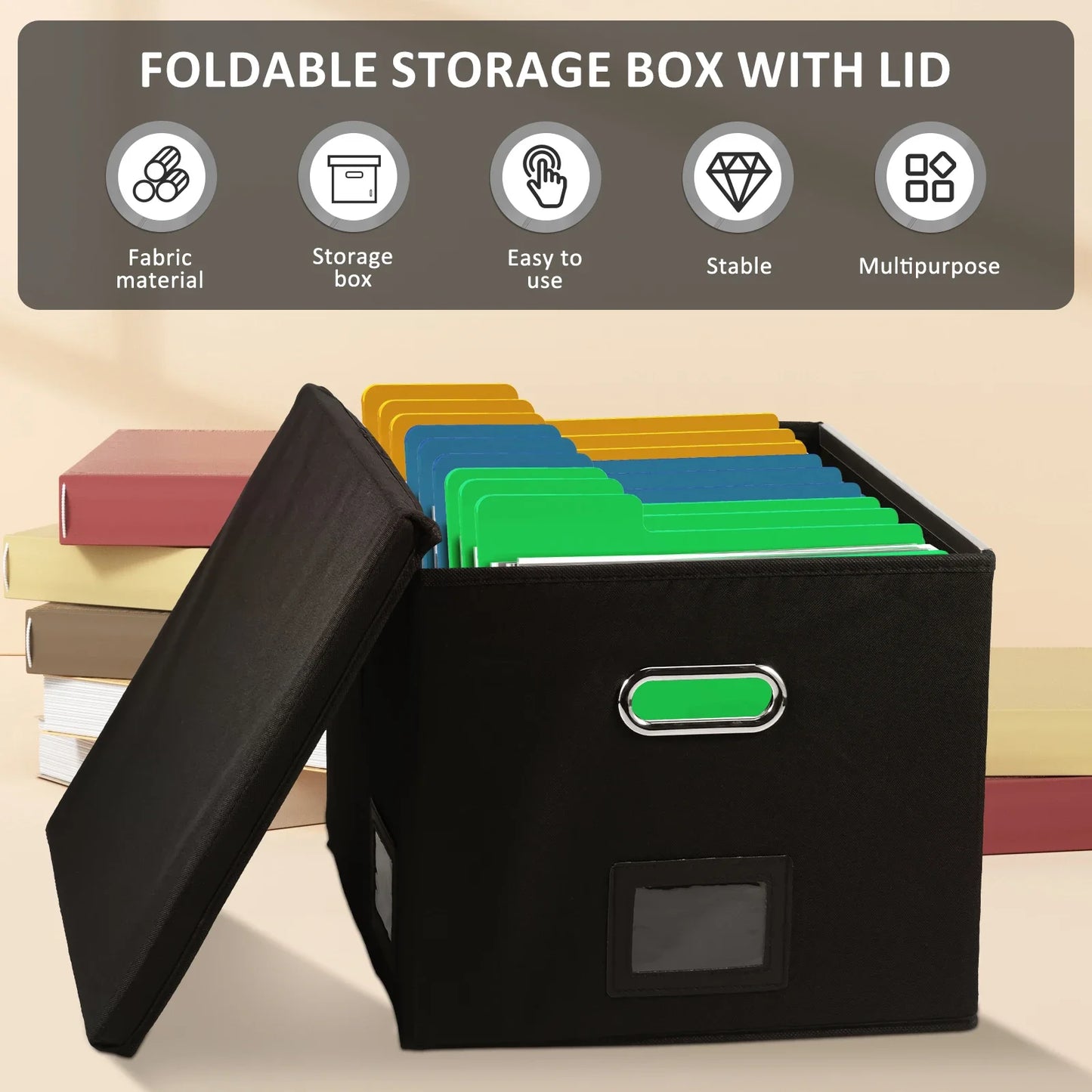Folding File Storage Box Hanging File Filing Box with Label Slot Fabric Folder Organizer Box Portable Organizer Box with Lid