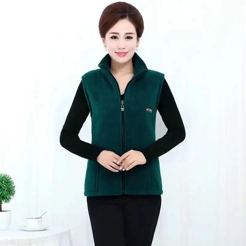 Autumn Winter Women Fashion Stand Up Polar Fleece Vest For Women's Solid Warm Lady Sleeveless Jacket