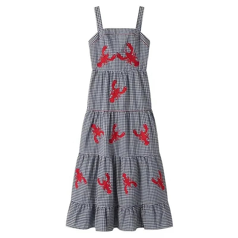 HXAO Women Ruffle Embroidery Slip Dress Sleeveless Plaid Dress Pleated Backless Beach Dress Holiday Woman Summer Dress 2024