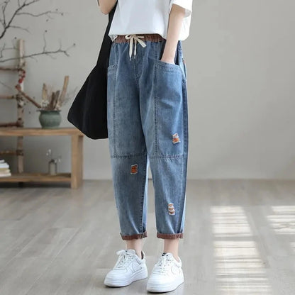Ripped Hole Harem Jeans Streetwear Women's Korean Baggy Ankle-length Denim Pants Design Casual Vaqueros New Lace Up Kot Pantalon