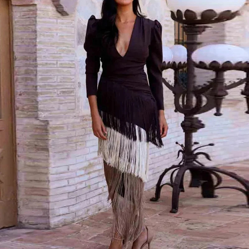 Fashion Fringe Patchwork Slim Long Robe Dress Beach Holiday Hollow Knitted Women's Dress 2025 Casual Summer Long Sleeved Dresses