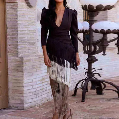Fashion Fringe Patchwork Slim Long Robe Dress Beach Holiday Hollow Knitted Women's Dress 2025 Casual Summer Long Sleeved Dresses