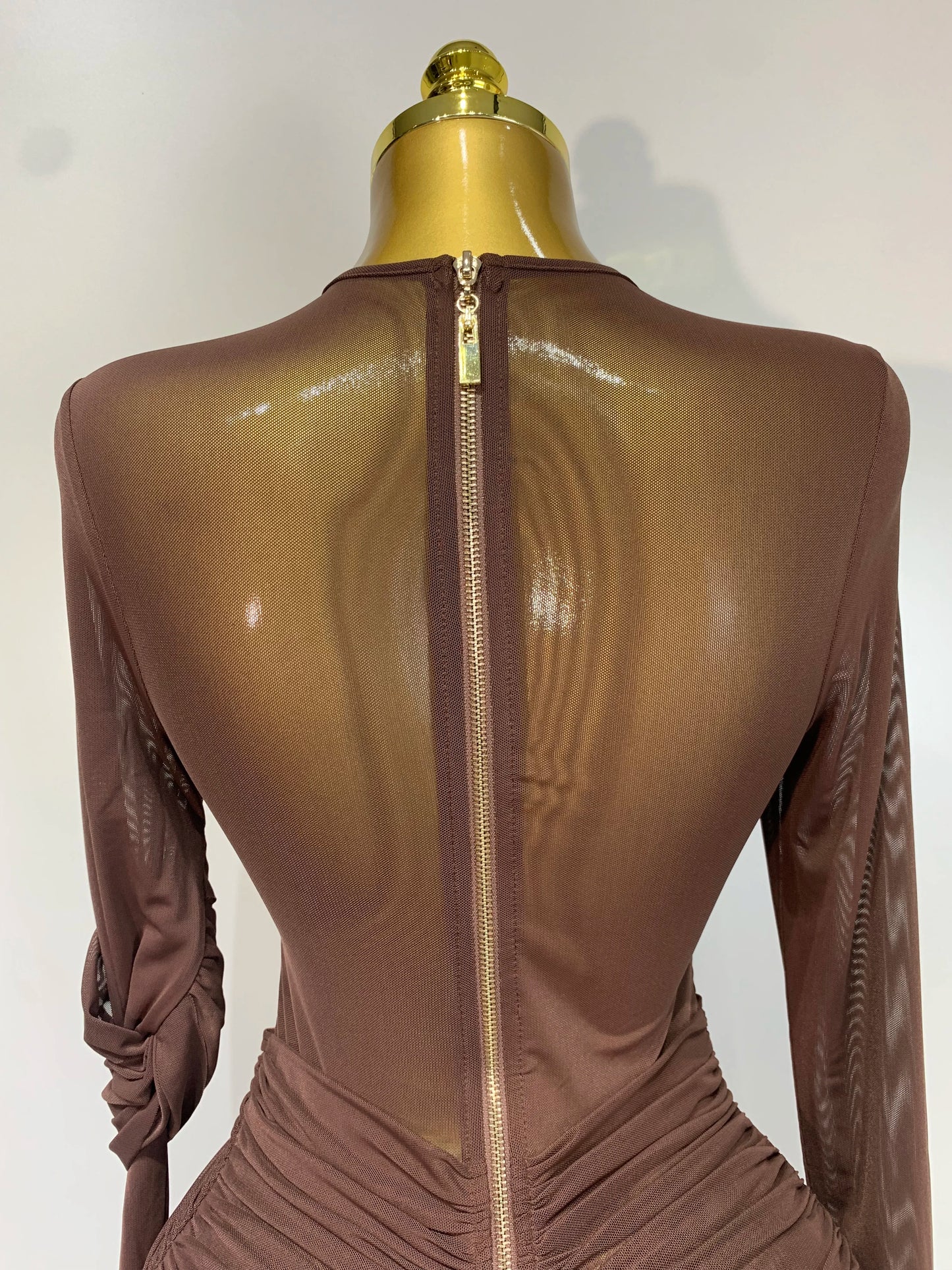 Elegant Brown Mesh Fold Long Sleeve Bodycon Dress Women 2025 Evening Party Club Sexy Perspective Fashion Luxury Birthday Dresses