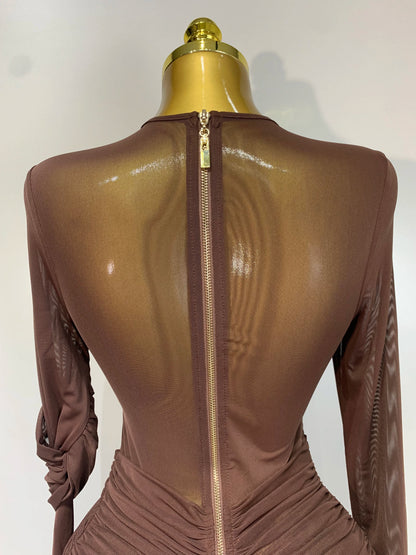 Elegant Brown Mesh Fold Long Sleeve Bodycon Dress Women 2025 Evening Party Club Sexy Perspective Fashion Luxury Birthday Dresses