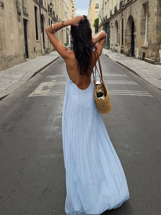 Blue Pleated Backless Maxi Dresses Women V Neck Off Shoulder A Line Loose Holiday Long Dress Elegant Casual Summer Vacation Robe