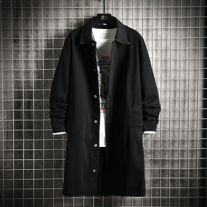 2025 Spring Men Denim Jacket Men Loose Mid-Length Denim Casual Coat Male Turn-Down Collar Trenchcoat Korean Fashion Outerwear