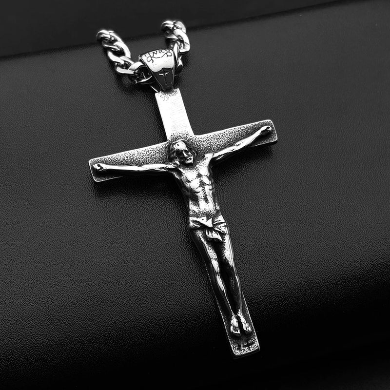 Stainless Steel Christian Jesus Cross Crucifix Pendants Necklaces for Men Women Silver Color Chain Necklaces Jewelry Gift