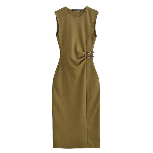 European And American Style 2025 Spring New Women's Twill Round Neck Sleeveless Simple Versatile Midi Dress
