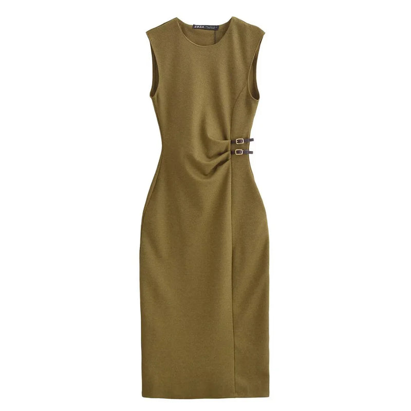 European And American Style 2025 Spring New Women's Twill Round Neck Sleeveless Simple Versatile Midi Dress