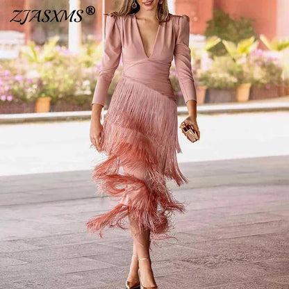 French Elegant Deep V Neck Slim Prom Dresses 2025 Spring Solid Spliced Tassel Long Dress Woman Long Sleeve New Autumn Maxi Dress