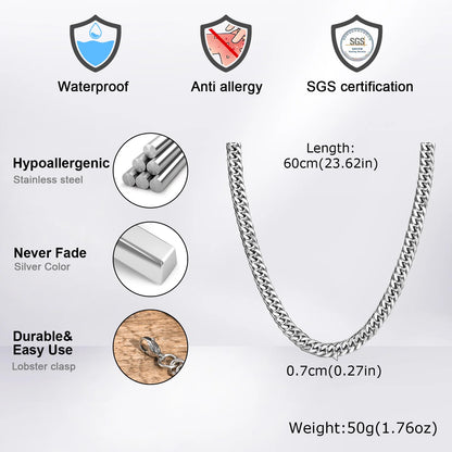 Vnox 3/5/7/9 mm dicke kubanische Ketten für Damen und Herren, schlichte Miami-Panzerketten, wasserdichte Edelstahlkette (Unisex)