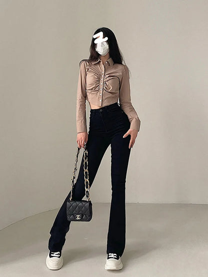 2024 Y2K High Waist Jeans Women Spring Sexy Hot Girl Casual Peach Love Pocket Flare Pants Female Bodycon Korean Denim Trousers