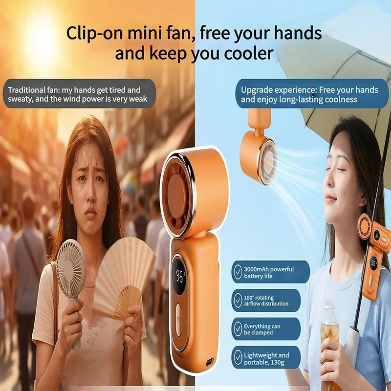Portable Handheld Fan Mini Clip Fan Umbrella Holder Function Rotatable USB charging Compact Personal Cooling Fan Outdoor Camping