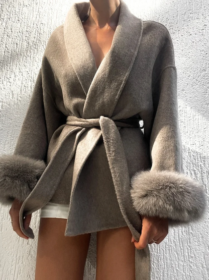 Elegant Lace Up Woolen Short Coat Solid Loose Lapel Furry Belt Long Sleeve Female Jacket 2026 Spring Autumn Lady Chic Cardigan
